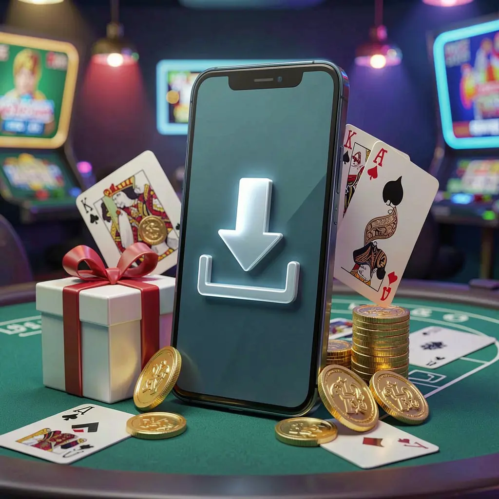 Realistic 3D illustration of a smartphone displaying a download icon surrounded by golden coins, a gift box, and playing cards, representing the BBC9 casino app download concept in a modern mobile gaming atmosphere