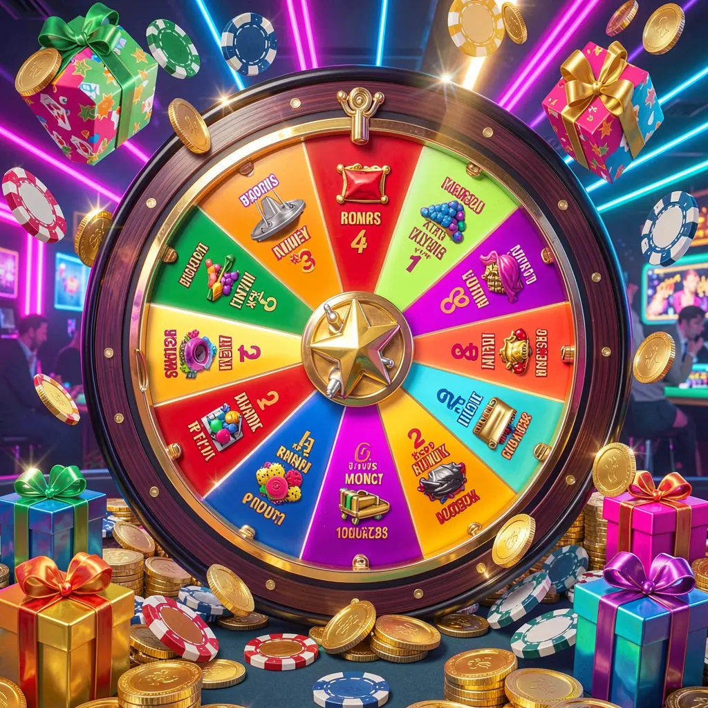 BBC9 casino bonus wheel with colorful prize sections surrounded by golden coins, chips, and gift boxes under bright neon casino lights in a dynamic composition