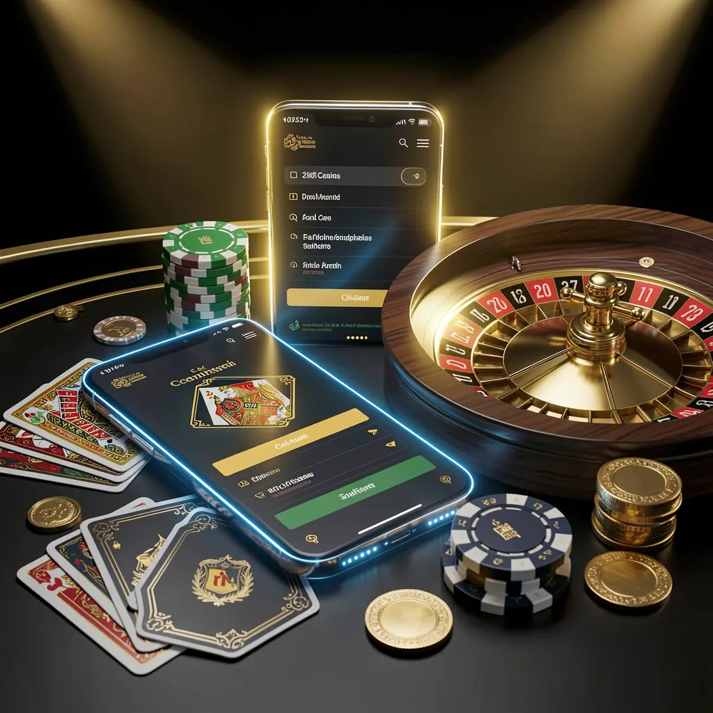 BBC9 online casino account portal displayed on a glowing smartphone with premium cards, chips, roulette wheel, and coins against a black and gold background with cinematic lighting in a realistic 3D render