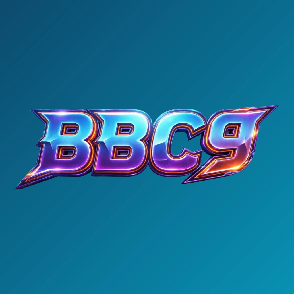 Bold 3D gaming logo with the text BBC9 in energetic colors and modern esports-inspired style, designed as a wide horizontal rectangular wordmark with a transparent background for website header