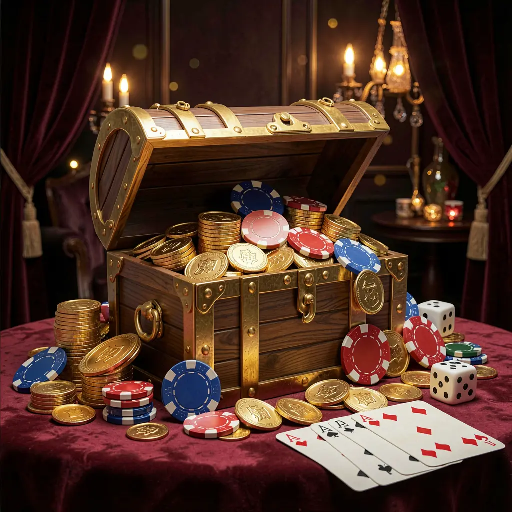 BBC9 online casino welcome banner featuring a treasure chest filled with golden coins and casino chips, playing cards and dice nearby against a dark luxury background creating a festive premium atmosphere